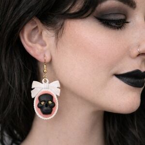 Gothic Lolita Black White Pink Gold Skull Cameo Earrings Bow Spooky Horror